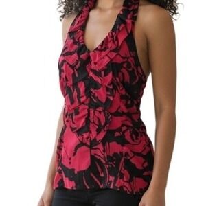 EXPRESS Red & Black Floral Print Racerback Halter Top Ruffle Trim Ruched XS